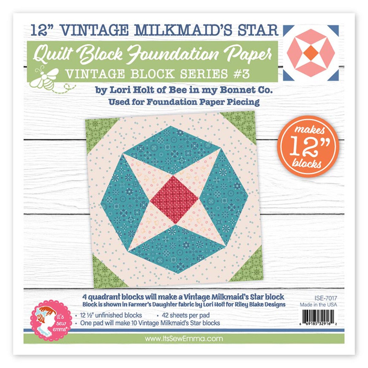 Vintage Milkmaid's Star Quilt Block Foundation Paper in 12" by It's Sew Emma